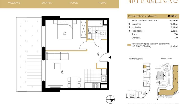 Rzut - Mieszkanie na sprzedaż 2 pokoje o powierzchni 42,5 m² - numer B.00.02 w Hallera 140