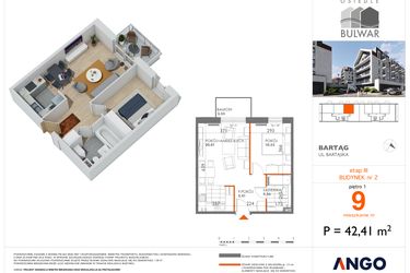 Rzut - Mieszkanie na sprzedaż 2 pokoje o powierzchni 42,41 m² - numer 9 w Bulwar bud. 2