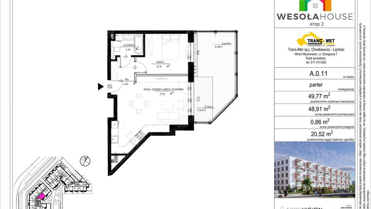 Rzut - Mieszkanie na sprzedaż 2 pokoje o powierzchni 48,91 m² - numer A.0.11 w Wesoła House Etap II
