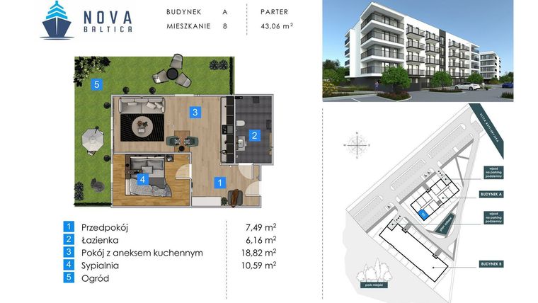 Rzut - Mieszkanie na sprzedaż 2 pokoje o powierzchni 43,06 m² - numer A8 w Nova Baltica Mieszkania Kołobrzeg