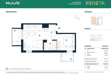 Rzut - Mieszkanie na sprzedaż 2 pokoje o powierzchni 33,15 m² - numer M13 w Reneta