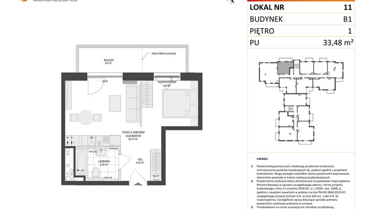 Rzut - Mieszkanie na sprzedaż 1 pokój o powierzchni 33,48 m² - numer 11 w Locus 2