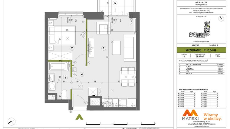 Rzut - Mieszkanie na sprzedaż 2 pokoje o powierzchni 39,08 m² - numer F1.D.04.02 w XYZ Place