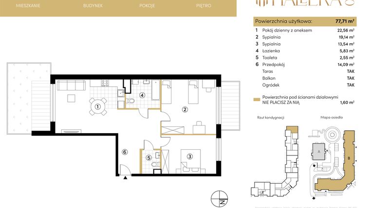 Rzut - Mieszkanie na sprzedaż 3 pokoje o powierzchni 77,71 m² - numer B.00.01 w Hallera 140