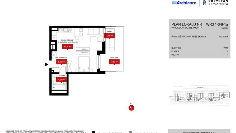 Rzut - Mieszkanie na sprzedaż 1 pokój o powierzchni 40,18 m² - numer WR3 1/0/6/1a w Przystań Reymonta etap II