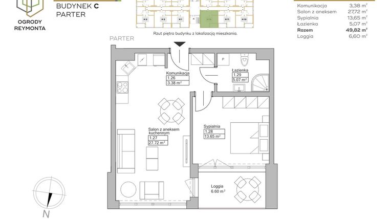 Rzut - Mieszkanie na sprzedaż 2 pokoje o powierzchni 49,82 m² - numer M12 w Ogrody Reymonta