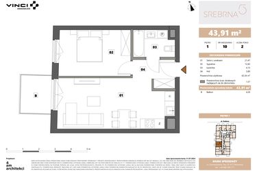Rzut - Mieszkanie na sprzedaż 2 pokoje o powierzchni 43,91 m² - numer 10 w Srebrna 5
