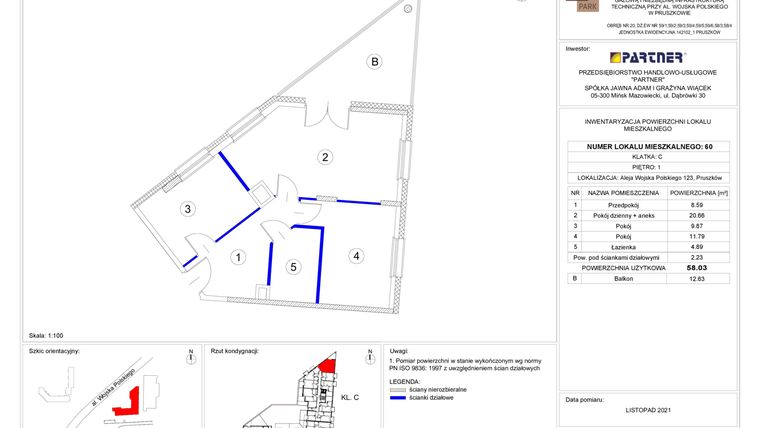 Rzut - Mieszkanie na sprzedaż 3 pokoje o powierzchni 58,03 m² - numer 60 w Corner Park
