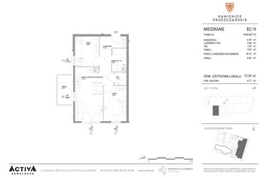 Rzut - Mieszkanie na sprzedaż 3 pokoje o powierzchni 51,24 m² - numer B2.19 w Kamienice Pruszczańskie