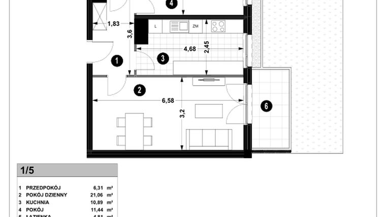 Rzut - Mieszkanie na sprzedaż 2 pokoje o powierzchni 54,51 m² - numer 3A.1/5 w Nowa Winnica