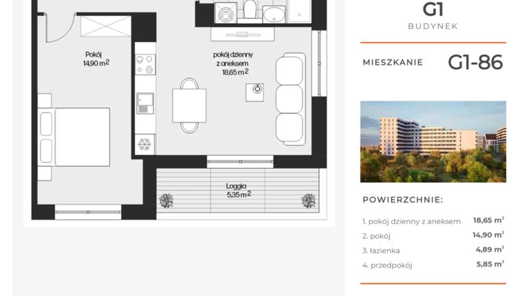 Rzut - Mieszkanie na sprzedaż 2 pokoje o powierzchni 44,29 m² - numer G1-86 w Piasta Park VI