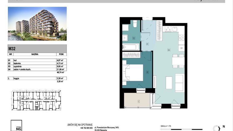 Rzut - Mieszkanie na sprzedaż 2 pokoje o powierzchni 40,65 m² - numer E32 w Panorama Kwiatkowskiego