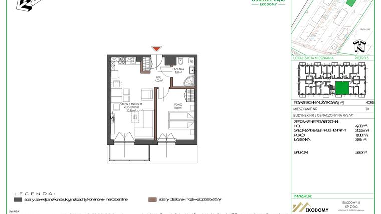 Rzut - Mieszkanie na sprzedaż 2 pokoje o powierzchni 40,56 m² - numer 30 w Osiedle Polna bud. 5