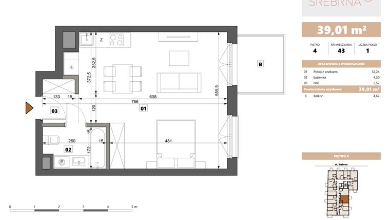 Rzut - Mieszkanie na sprzedaż 1 pokój o powierzchni 39,01 m² - numer 43 w Srebrna 5