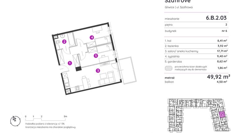Rzut - Mieszkanie na sprzedaż 2 pokoje o powierzchni 49,92 m² - numer 6.B.2.03 w Murapol Osiedle Szafirove