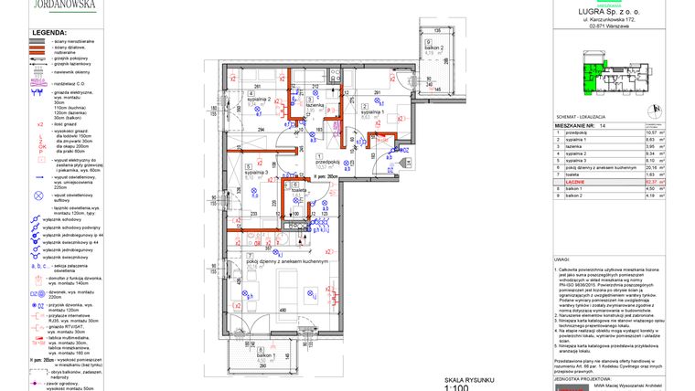 Rzut - Mieszkanie na sprzedaż 4 pokoje o powierzchni 62,37 m² - numer 14 w Apartamenty Jordanowska