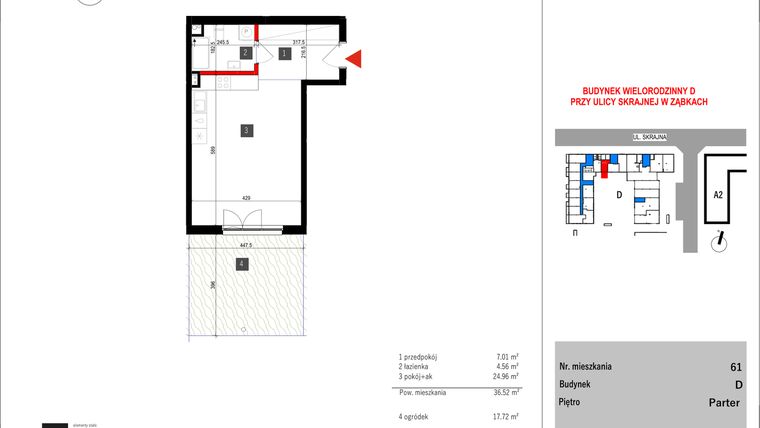 Rzut - Mieszkanie na sprzedaż 1 pokój o powierzchni 36,52 m² - numer D.61 w Skrajna 9 bud. D
