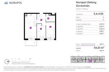 Rzut - Mieszkanie na sprzedaż 3 pokoje o powierzchni 54,75 m² - numer 5.A.4.02 w Murapol Zielony Żurawiniec