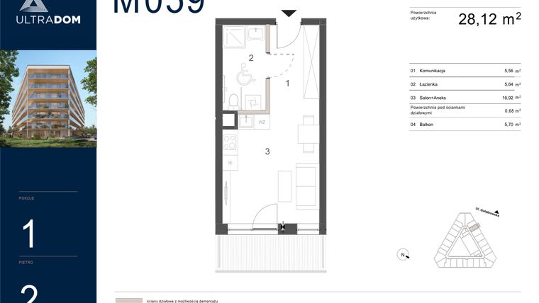 Rzut - Mieszkanie na sprzedaż 1 pokój o powierzchni 28,8 m² - numer M059 w Ultradom