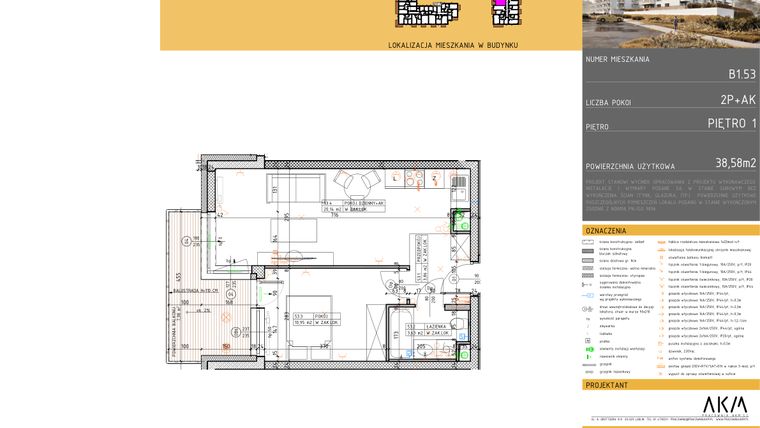 Rzut - Mieszkanie na sprzedaż 2 pokoje o powierzchni 38,58 m² - numer B1.53 w Nova Daliova
