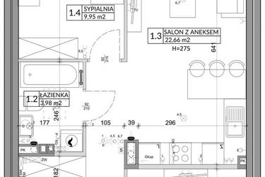 Rzut - Mieszkanie na sprzedaż 3 pokoje o powierzchni 56,89 m² - numer 73B w Osiedle Młodych etap VII