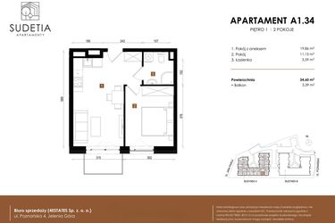 Rzut - Mieszkanie na sprzedaż 2 pokoje o powierzchni 34,6 m² - numer A 1.34 w Apartamenty Sudetia