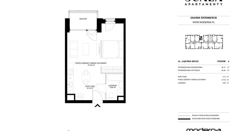 Rzut - Mieszkanie na sprzedaż 1 pokój o powierzchni 35,4 m² - numer K-52 (N) w Scala