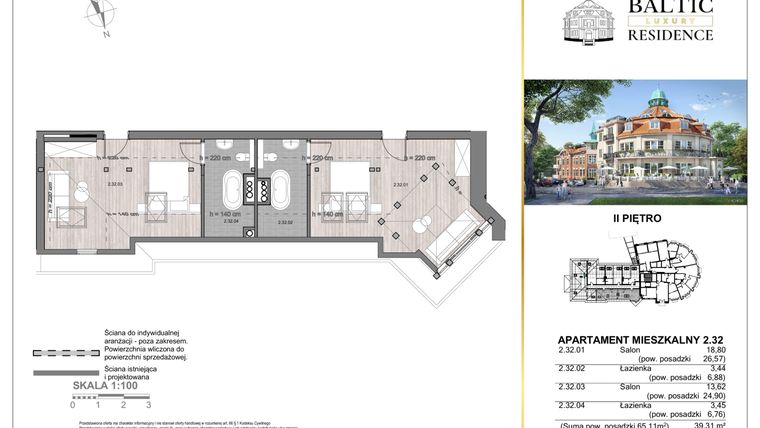 Rzut - Mieszkanie na sprzedaż 1 pokój o powierzchni 39,31 m² - numer 2.32 w Baltic Luxury Residence
