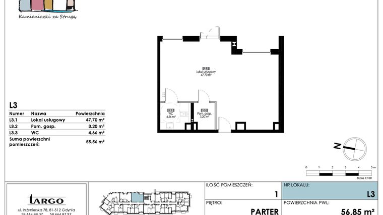 Rzut - Lokal użytkowy na sprzedaż 1 pokój o powierzchni 55,56 m² - numer L3 w Kamieniczki za Strugą