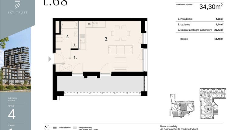 Rzut - Mieszkanie na sprzedaż 1 pokój o powierzchni 34,3 m² - numer L68 w Sky Trust etap II - apartamenty inwestycyjne 23% VAT PRS