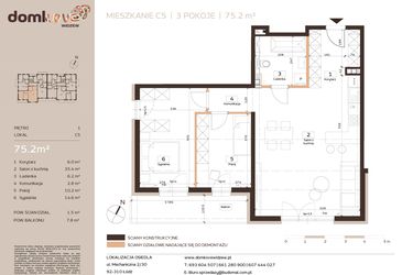 Rzut - Mieszkanie na sprzedaż 3 pokoje o powierzchni 75,2 m² - numer C5 w Domkove Widzew