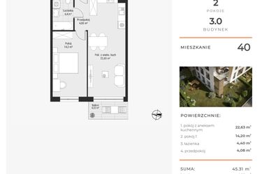 Rzut - Mieszkanie na sprzedaż 2 pokoje o powierzchni 45,31 m² - numer 40 w Bytkowska 3.0