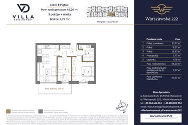 Rzut - Mieszkanie na sprzedaż 3 pokoje o powierzchni 48,2 m² - numer 9 w Warszawska 222 bud. D