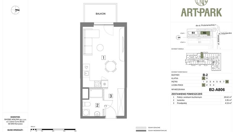 Rzut - Mieszkanie na sprzedaż 1 pokój o powierzchni 29,1 m² - numer B.2.A806 w Inhome Osiedle ArtPark etap I