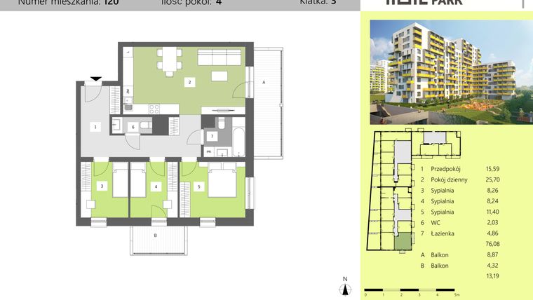Rzut - Mieszkanie na sprzedaż 4 pokoje o powierzchni 76,08 m² - numer 120 w Dworzysko Park - Etap II