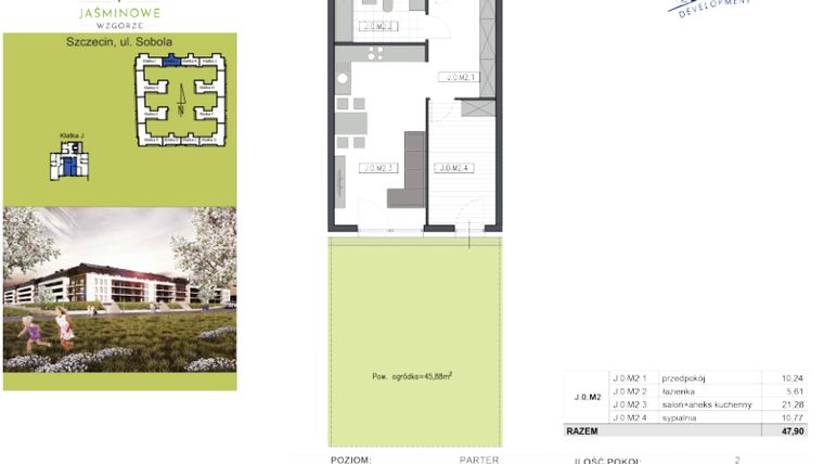 Rzut - Mieszkanie na sprzedaż 2 pokoje o powierzchni 47,9 m² - numer J.0.M2 w Jaśminowe Wzgórze - etap II