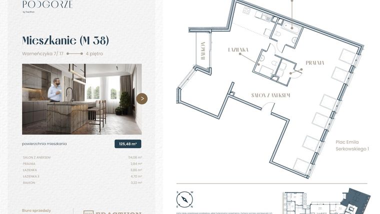 Rzut - Mieszkanie na sprzedaż 1 pokój o powierzchni 125,48 m² - numer M.38 w Stare Podgórze