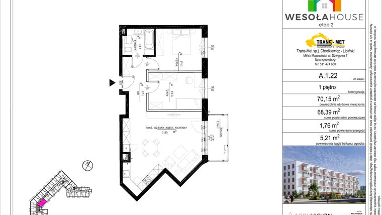 Rzut - Mieszkanie na sprzedaż 3 pokoje o powierzchni 68,39 m² - numer A.1.22 w Wesoła House Etap II