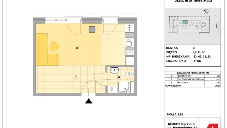 Rzut - Mieszkanie na sprzedaż 1 pokój o powierzchni 32,38 m² - numer 53 w Stalowa 65