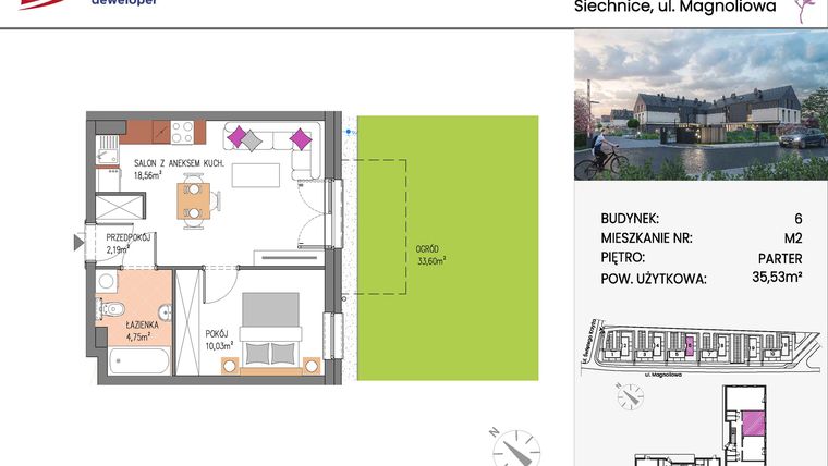 Rzut - Mieszkanie na sprzedaż 2 pokoje o powierzchni 35,53 m² - numer Bud.6-2 w Willa Magnolia