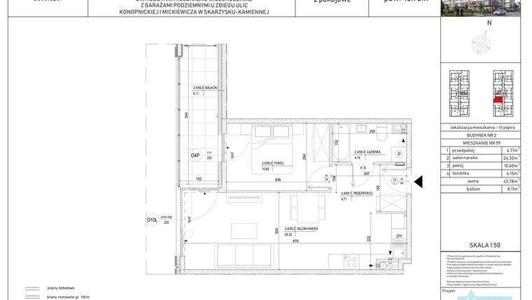 Rzut - Mieszkanie na sprzedaż 2 pokoje o powierzchni 43,78 m² - numer M-59 w Apartamenty Konopnickiej