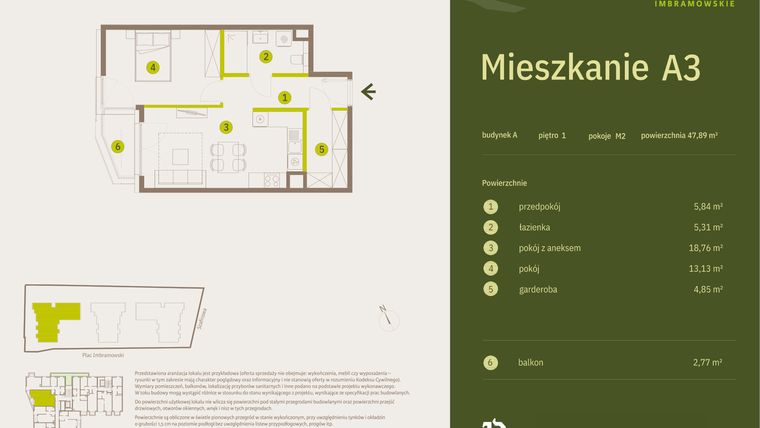 Rzut - Mieszkanie na sprzedaż 2 pokoje o powierzchni 47,89 m² - numer A3 w Osiedle Imbramowskie