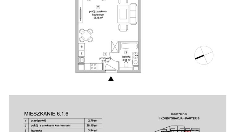 Rzut - Mieszkanie na sprzedaż 1 pokój o powierzchni 34,79 m² - numer 6.1.6 w Osiedle Przyjemne III