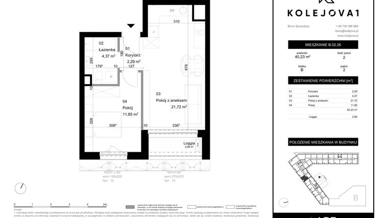 Rzut - Mieszkanie na sprzedaż 2 pokoje o powierzchni 40,23 m² - numer B-02-26 w Kolejova 1