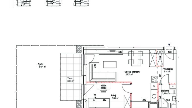 Rzut - Mieszkanie na sprzedaż 2 pokoje o powierzchni 42,41 m² - numer 3A w Łowicka 25