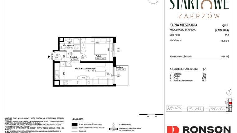 Rzut - Mieszkanie na sprzedaż 2 pokoje o powierzchni 39,59 m² - numer G44 w Osiedle Startowe