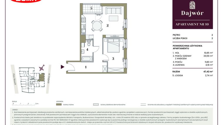 Rzut - Mieszkanie na sprzedaż 2 pokoje o powierzchni 47,42 m² - numer 10 w Dajwór