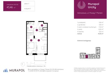 Rzut - Mieszkanie na sprzedaż 2 pokoje o powierzchni 43,46 m² - numer 3.B.7.03 w Murapol Urcity