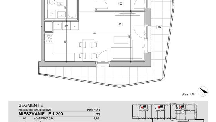 Rzut - Mieszkanie na sprzedaż 2 pokoje o powierzchni 46,93 m² - numer E.1.209 w ATAL Unii Lubelskiej
