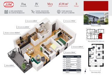 Rzut - Mieszkanie na sprzedaż 3 pokoje o powierzchni 47,91 m² - numer 23 w Tęczowy Zakątek F-14